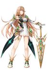  1girl armor bangs bare_shoulders blonde_hair breasts cleavage cleavage_cutout dress gloves headpiece highres mythra_(xenoblade) large_breasts long_hair looking_at_viewer redpoke solo swept_bangs sword thigh_strap tiara weapon xenoblade_(series) xenoblade_2 yellow_eyes 