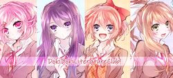  4girls :d blue_eyes bow brown_hair closed_mouth copyright_name doki_doki_literature_club eyebrows_visible_through_hair green_eyes hair_between_eyes hair_bow hair_ornament hair_ribbon hairclip jacket long_hair looking_at_viewer monika_(doki_doki_literature_club) multiple_girls natsuki_(doki_doki_literature_club) negi_(ngng_9) open_clothes open_jacket open_mouth orange_vest pink_eyes pink_hair plaid plaid_background ponytail purple_hair red_bow ribbon sayori_(doki_doki_literature_club) school_uniform shirt short_hair smile two_side_up violet_eyes white_ribbon white_shirt yuri_(doki_doki_literature_club) 