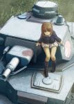  1girl anglerfish bangs black_footwear black_legwear blue_jacket boots brown_eyes brown_hair closed_mouth commentary day emblem girls_und_panzer green_shirt ground_vehicle highres jacket leaning_forward long_sleeves looking_at_viewer military military_uniform military_vehicle miniskirt motor_vehicle nishizumi_miho nito_(nshtntr) on_vehicle ooarai_military_uniform outdoors panzerkampfwagen_iv pleated_skirt shadow shirt short_hair sitting skirt smile socks solo tank uniform white_skirt 