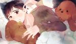  1boy animal bed bed_sheet black_hair black_shirt brown_eyes brown_shirt close-up dog fingernails hand_on_another&#039;s_head happy katsuki_yuuri long_sleeves looking_at_viewer lying makkachin male_focus pillow pov pov_hands shirt short_hair smile tadano53 tongue tongue_out upper_body yuri!!!_on_ice 