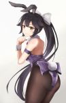  1girl :3 absurdres animal_ears arm_strap ass azur_lane bangs black_hair black_legwear blush bow breasts brown_eyes bunny_girl bunnysuit closed_mouth from_behind hair_bow highres large_breasts light_particles long_hair looking_at_viewer panties panties_under_pantyhose pantyhose ponytail rabbit_ears simple_background solo takao_(azur_lane) thighs twisted_torso underwear unicron_(brous) very_long_hair white_bow wrist_cuffs 