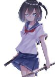  1girl bangs blue_eyes blue_sailor_collar blue_skirt bow brown_hair commentary_request glint hair_between_eyes highres holding holding_sheath holding_sword holding_weapon katana long_hair looking_at_viewer one_side_up original parted_lips pleated_skirt red_bow sailor_collar school_uniform serafuku sheath shirt short_sleeves simple_background skirt solo suzunari_shizuku sword unsheathed weapon white_background white_shirt yuki_arare 