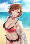  1girl asami_(undoundo) bare_shoulders beach bikini blue_sky breasts brown_eyes brown_hair cleavage clothes_down clouds cloudy_sky collarbone commentary_request cowboy_shot day frilled_bikini frills groin hair_ribbon highres jacket large_breasts light_rays looking_at_viewer meiko navel ocean open_clothes open_jacket outdoors red_bikini ribbon short_hair sky smile solo swimsuit unzipped vocaloid white_jacket 