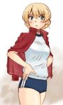  1girl bangs blonde_hair blue_buruma blue_eyes braid buruma commentary_request darjeeling double_vertical_stripe eyebrows_visible_through_hair girls_und_panzer gym_shirt gym_uniform hands_on_hips jacket jacket_on_shoulders long_sleeves looking_at_viewer parted_lips red_jacket shirt short_hair solo standing tied_hair track_jacket twin_braids uona_telepin white_background white_shirt 