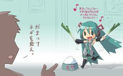  bowl feeding_bowl food green_eyes green_hair hatsune_miku headphones john_su loituma long_hair necktie pet_bowl rice shadow_man skirt spinning spring_onion thigh-highs thighhighs translated twintails very_long_hair vocaloid zettai_ryouiki 