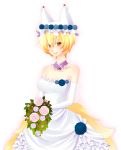  bad_id blonde_hair bride dress flower fox_ears fox_tail hat kiri_futoshi short_hair tail touhou wedding_dress yakumo_ran 