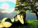  black_hair brown_eyes competition_swimsuit grass huge_ass long_hair lying misaki_shizuno one-piece_swimsuit sky sun swimsuit taka_tony tree trees wallpaper watermark zegapain 