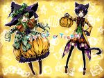 black_hair boots c.c. cat_ears cat_tail cc code_geass dress green_hair hai_yoru halloween hat lelouch_lamperouge orange_dress pumpkin pumpkins purple_eyes ribbon ribbons tail thigh-highs thighhighs trick_or_treat violet_eyes witch witch_hat yellow_background yellow_eyes 