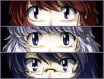  column_lineup cut-in face glasses ikari_(pixiv42031) ikari_manatsu nogami_aoi parody persona persona_3 persona_eyes sannomiya_shiho zettai_karen_children 