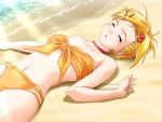  bikini blonde_hair closed_eyes colorful_kiss front-tie_top game_cg hair_ornament hairpin konatsu_(colorful_kiss) lying on_back sand short_hair side_ponytail swimsuit 