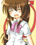  blouse blush bow bows brown_hair closed_eyes hime_tsuki_mayu little_busters! little_busters!! long_hair natsume_rin open_mouth ponytail ribbon ribbons school_uniform skirt smile 