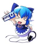  &gt;_&lt; barefoot chibi cirno digital_media_player from_above hand_on_hip headphones ipod kusaba looking_up solo touhou x3 ⑨ 