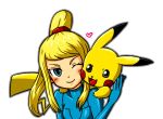  blonde_hair blush green_eyes heart long_hair metroid nintendo pikachu pokemon ponytail samus_aran simple_background smile super_smash_bros. tail white_background wink zero_suit 