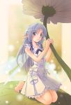  barefoot blurry depth_of_field dress fairy flower hair_ribbon kneeling leaf light_particles long_hair minigirl parted_lips payot pointy_ears purple_hair ribbon solo source_request wings 