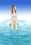  brown_hair dress feet_in_water headphones legs long_hair long_legs sakebuotoko soaking_feet sundress water white_dress 