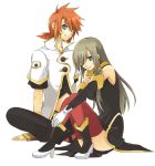  1girl bangs blue_eyes boots brown_hair couple gloves green_eyes long_hair luke_fon_fabre red_hair red_legwear redhead smile tales_of_(series) tales_of_the_abyss tear_grants thighhighs 