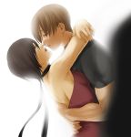  1girl ada_wong bad_id black_hair brown_hair capcom couple dress hasaki_masashi hug incipient_kiss leon_s_kennedy red_dress resident_evil resident_evil_4 short_hair 