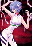  arm_up ayanami_rei bandage bandage_over_one_eye bandages bare_shoulders blue_hair eyepatch frown hand_on_head leaning_forward looking_back neon_genesis_evangelion plugsuit red_eyes short_hair sleeveless solo 