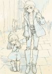  beanie blue boots cabbie_hat casual child coat hat holding_hands monochrome mother_and_daughter neon_genesis_evangelion sketch source_request souryuu_asuka_langley stuffed_animal stuffed_toy yellow young 