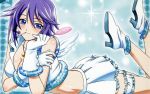  arm_grab blue_eyes blush breasts candy cleavage gloves high_heels jewelry lollipop midriff necklace on_stomach purple_hair ring rosario+vampire shirayuki_mizore shoes short_hair skirt smile swirl_lollipop wings 