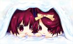  :d cat_ears himehi open_mouth original red_eyes red_hair redhead ribbon ribbons siblings smile twins under_covers 