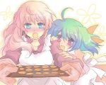  :o amano apron blonde_hair blue_eyes blush breasts cookie cookies cooking dress fang food green_hair long_hair macross macross_frontier open_mouth oven_mittens oven_mitts ranka_lee red_eyes sheryl_nome short_hair smile 