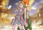  apollo aquarion_(series) armband belt blonde_hair blue_eyes cloud clouds feathers hand_holding holding_hand holding_hands orange_hair shorts silvia silvia_de_alisia sky sousei_no_aquarion wristband yomi_(indigoriver) 