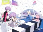  animal apple_inc. bangs bed blue_eyes bow cable cat computer curly_hair digital_media_player dj_max_portable dog dress drill_hair earrings hair_bow headphones highres ipod jewelry ladymade_star laptop microphone microphone_stand multiple_girls on_stomach pillow planet purple_hair ribbon sandals seha siblings side_ponytail single_vertical_stripe space star striped stuffed_animal stuffed_toy table television tiv twins window 
