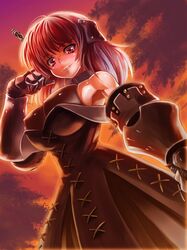  armor armored_dress bracer breasts edobox evil_grin evil_smile gauntlets grin large_breasts orange_(color) primiera saga saga_frontier saga_frontier_2 smile staff 