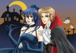  blue_hair blush breasts cape collar costume crossdressing genderswap gloves green_eyes halloween long_hair macross macross_frontier mikhail_buran misaki_youko misaki_youko_(puru_nipu) pointy_ears ponytail saotome_alto short_hair vampire wink yellow_eyes 