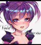  1girl aisha_(elsword) azarea_(variante100) blush collarbone detached_sleeves elsword face letterboxed open_mouth purple_hair short_hair solo twintails violet_eyes white_background 