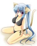  bad_feet bad_id barefoot bikini blue_hair breasts cat_ears cat_tail cleavage kneeling long_hair otoneha ponytail purple_eyes side-tie_bikini swimsuit tail violet_eyes 