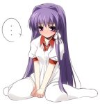  1girl aotsuki_takao blush clannad fujibayashi_kyou gym_uniform hair_ribbon hair_ribbons long_hair lowres purple_eyes purple_hair ribbon ribbons shirt_pull sitting violet_eyes wariza white_background 