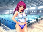  bikini goggles goggles_around_neck hikoukai long_hair negishi_hinako ponytail pool poolside purple_hair red_eyes shiofuki_mermaid sports_bikini swimsuit tachi-e tank_top 