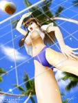  beach_volleyball bikini blue_eyes breasts brown_hair dead_or_alive from_below hitomi jump jumping large_breasts long_hair shirt_lift swimsuit tropical under_boob underboob volleyball 