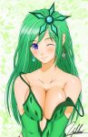  bare_shoulders blue_eyes breast_squeeze breasts cleavage earrings final_fantasy final_fantasy_iv green_hair hair_ornament jewelry large_breasts long_hair rydia signature smile solo strap_slip wink yukihiro 