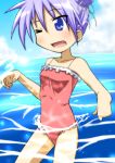  alternate_hairstyle bun hiiragi_kagami lucky_star oku_no_shi one-piece swimsuit water wink 