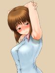  arms_up blush breasts brown_eyes brown_hair hagiwara_yukiho idolmaster looking_back shirt short_hair simple_background solo sweat 