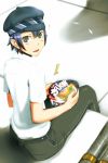  blue_eyes blue_hair cabbie_hat chopsticks cup_ramen em food from_above from_behind hat looking_back persona persona_4 ramen reverse_trap shadow shirogane_naoto short_hair 