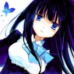  blue_eyes blue_hair butterflies butterfly dress frederica_bernkastel long_hair lowres serious suzushiro_kurumi umineko_no_naku_koro_ni wind 