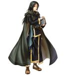  1boy black_hair book cape cloak closed_mouth facial_mark fire_emblem fire_emblem:_akatsuki_no_megami fire_emblem:_souen_no_kiseki fire_emblem_path_of_radiance fire_emblem_radiant_dawn forehead_mark full_body highres holding holding_book kita_senri kita_senri_(artist) long_hair male official_art red_eyes sandals solo soren standing toeless_footwear toeless_shoes 