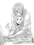  computer couple gundam gundam_00 hallelujah_haptism higi_(pixiv) hug hug_from_behind monochrome pencil soma_peries 