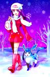  1girl bad_id beanie coat dada_(dolce) glaceon hat hikari_(pokemon) hikari_(pokemon)_(remake) pokemon pokemon_(creature) pokemon_(game) pokemon_dppt snow thighhighs 