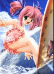  casual_one-piece_swimsuit child highres loli one-piece_swimsuit pink_hair short_hair snow_(game) surfing swimsuit twintails wakou_ouka waves wet 