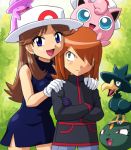  1boy 1girl black_dress blue_(pokemon) blue_eyes brown_eyes brown_hair clothed_pokemon ditto dress gloves hands_on_shoulders hat jigglypuff long_hair lowres murkrow orange_hair pokemoa pokemon pokemon_(creature) pokemon_special porkpie_hat silver_(pokemon) smile sneasel standing_on_head transformed_ditto 