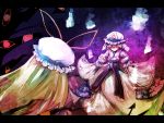  battle blonde_hair eyes fan fighting_stance gap hat japanese_clothes kimono long_hair multiple_girls ribbon ribbons saigyouji_yuyuko short_hair touhou ukyo_rst yakumo_yukari 