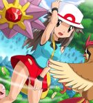  1girl brown_eyes brown_hair erect_nipples exeggcute hat leaf_(pokemon) lowres miniskirt pidgeotto pokemoa pokemon pokemon_(creature) pokemon_(game) pokemon_frlg porkpie_hat skirt skirt_lift starmie tamatama upskirt wind_lift 