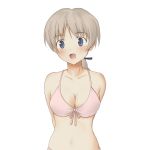  blush bra braid breasts brown_hair cleavage front-tie_top hani hanyu lingerie lynette_bishop navel panties simple_background solo strike_witches underwear 