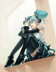  bad_id black_legwear blue_eyes blue_hair chachie detached_sleeves frills hatsune_miku headphones open_mouth sitting skirt solo thigh-highs thighhighs twintails vocaloid 