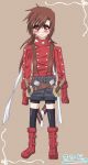  blush boots brown_eyes brown_hair genderswap gloves jacket lloyd_irving long_hair redhead reno shorts sword tales_of_symphonia thigh-highs twintails 